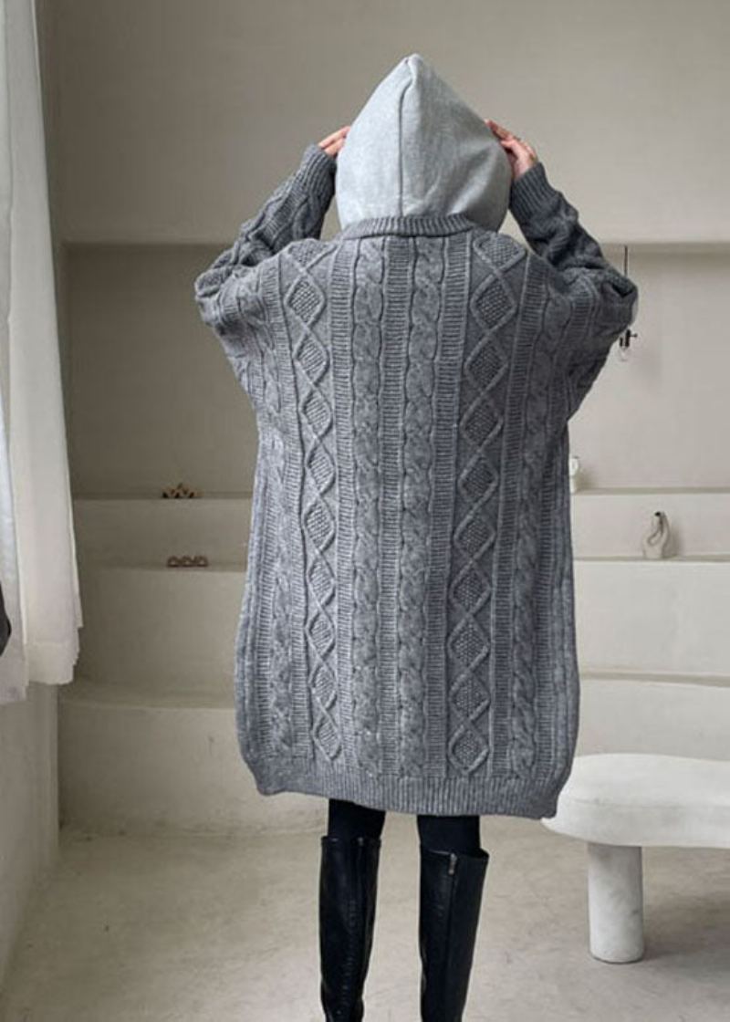 Manteau D'hiver Gris À Capuche En Patchwork De Grande Taille - Cardigans femmes