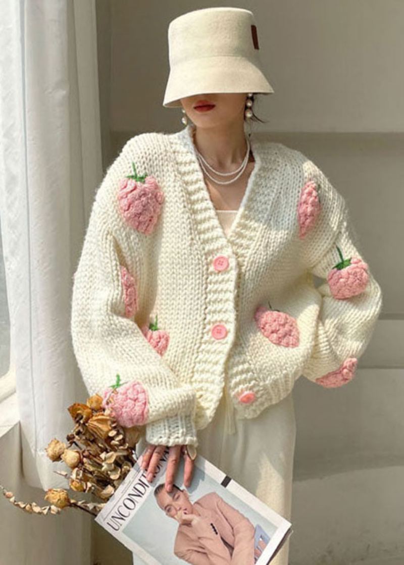 Manteau D'hiver En Tricot Boutonné Blanc À Col En V De Grande Taille