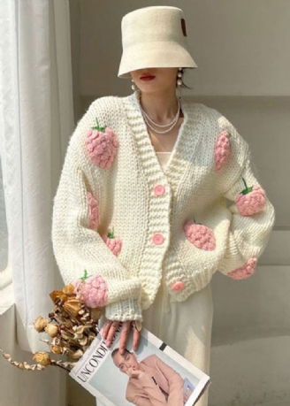 Manteau D'hiver En Tricot Boutonné Blanc À Col En V De Grande Taille