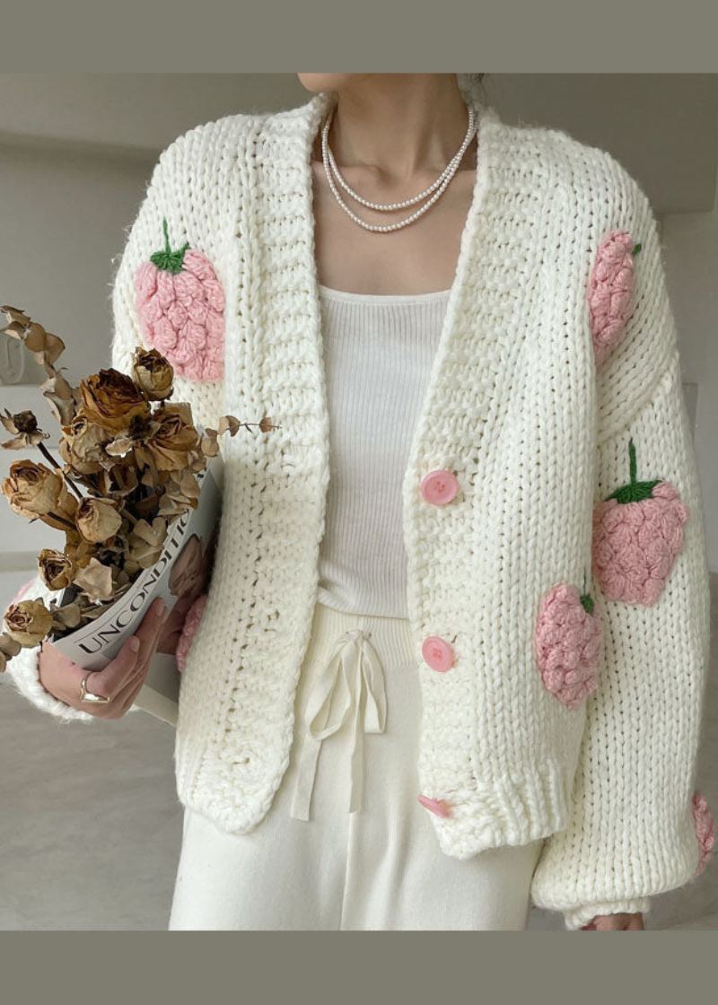 Manteau D'hiver En Tricot Boutonné Blanc À Col En V De Grande Taille - Cardigans femmes