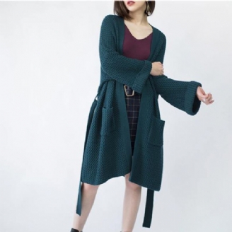 Manteau En Laine Vert Noirâtre Grande Taille Manches Évasées Cravate À La Maxi Poches Élégantes