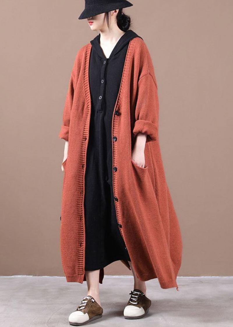 Manteau Long D'automne En Tricot De Luxe Avec Poches Rouges Orange