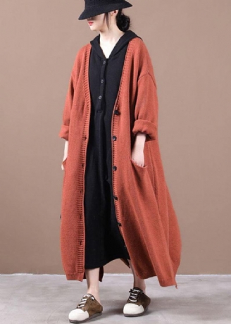 Manteau Long D'automne En Tricot De Luxe Avec Poches Rouges Orange