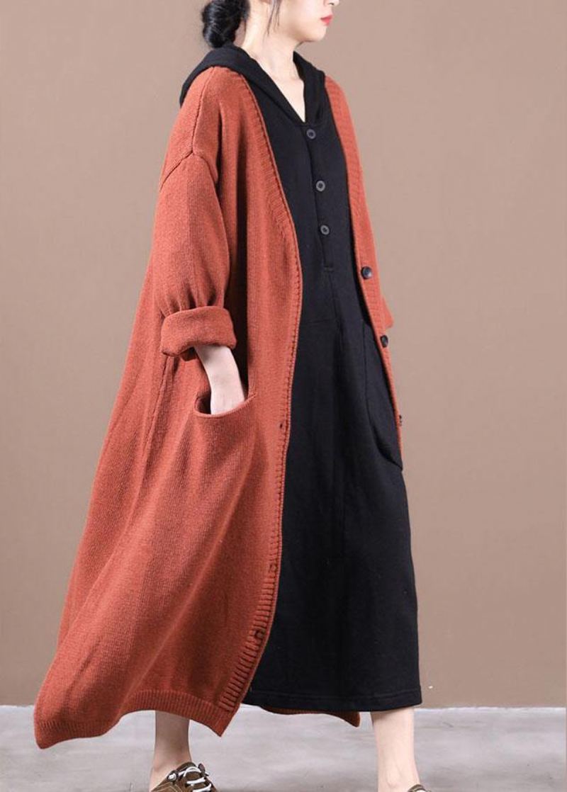 Manteau Long D'automne En Tricot De Luxe Avec Poches Rouges Orange - Gris Foncé