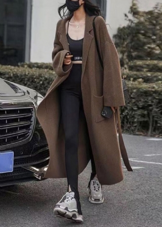 Manteau Long En Tricot De Coton Avec Poches Chocolat Amples Cravate À La Taille Automne