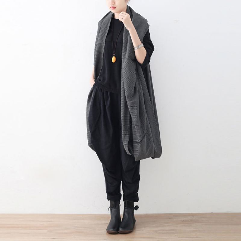 Manteau Maxi Noir Vintage Oversize Cardigans À Ourlet Asymétrique Manteaux Boutique Sans Manches - Noir