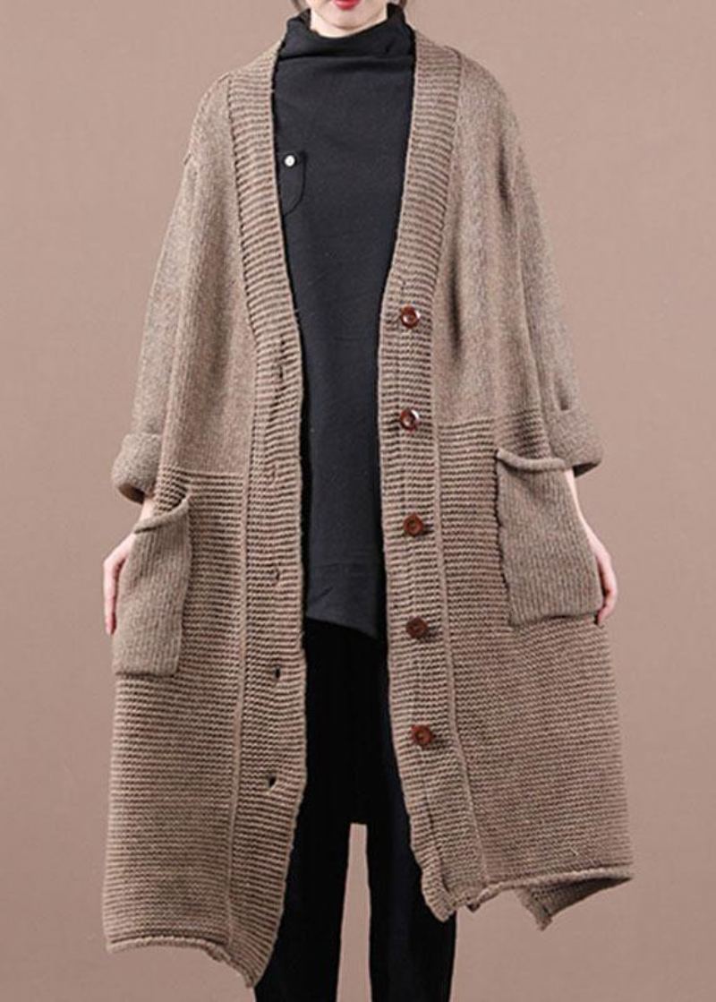 Manteau Pull Décontracté Chocolat Avec Col En V Et Poches D'automne - Cardigans femmes