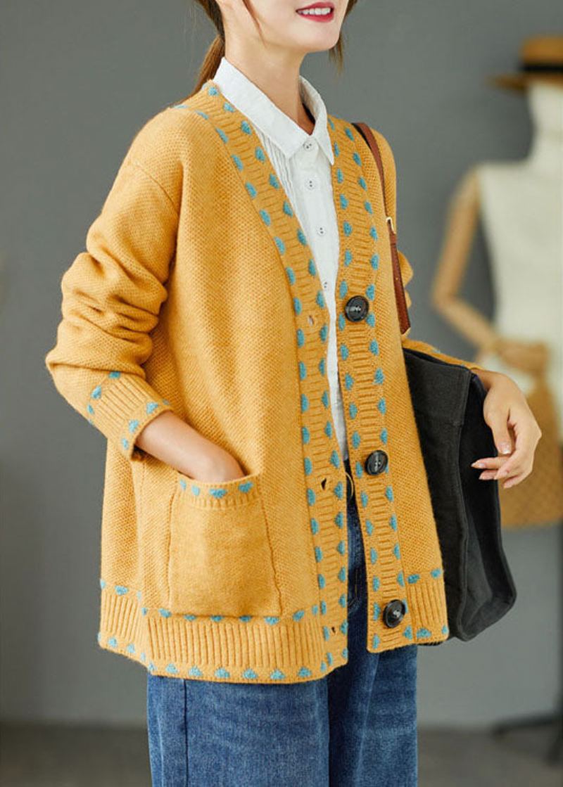 Manteau Pull En Tricot D'automne Jaune Bohème Avec Poches Boutonnées Amples - Cardigans femmes