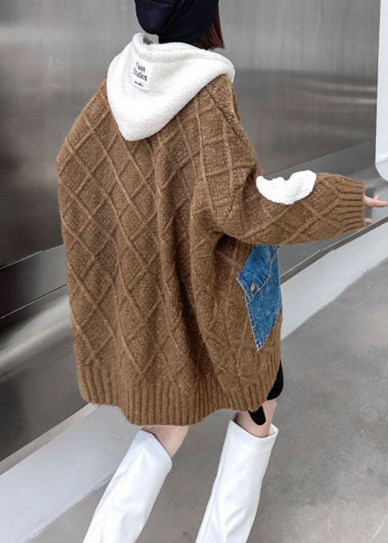 Manteau De Pulls D'automne Avec Poches Patchwork À Capuche Chocolat Unique - Café