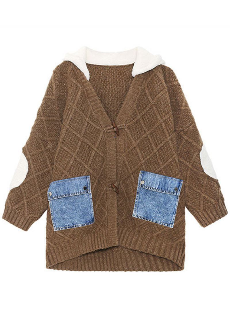 Manteau De Pulls D'automne Avec Poches Patchwork À Capuche Chocolat Unique - Café