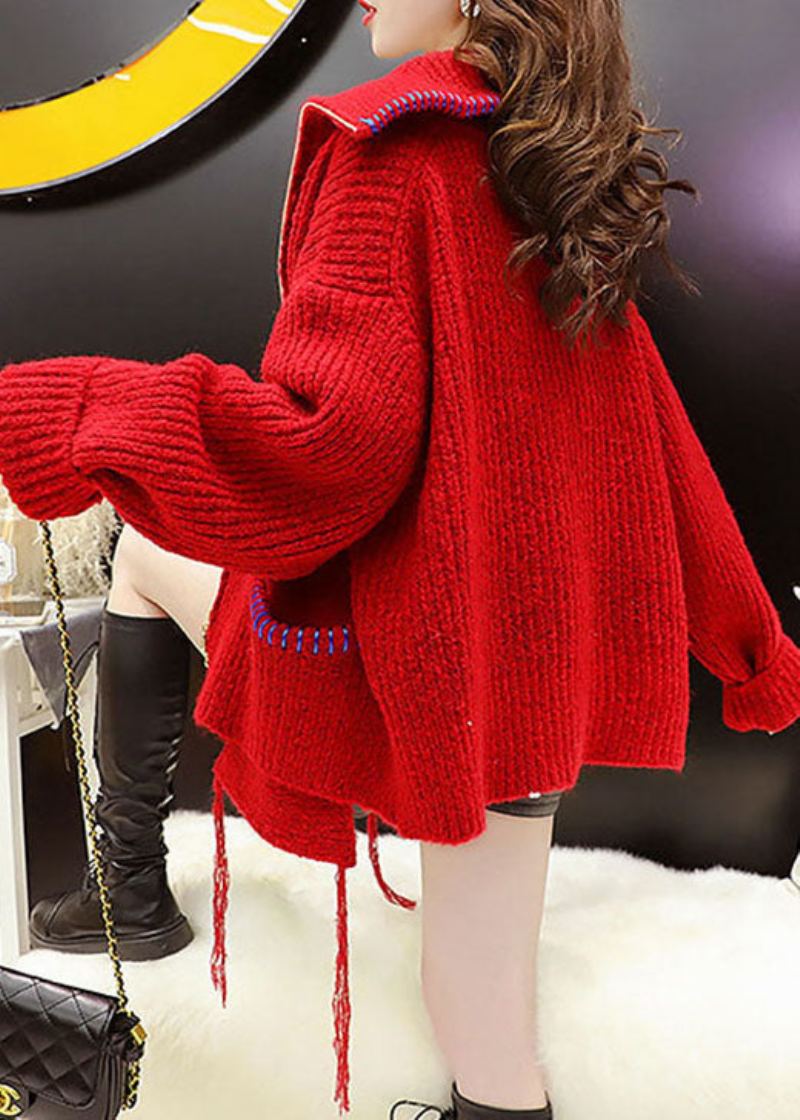 Manteau De Pulls D'hiver En Tricot Asymétrique Rouge Simple - Cardigans femmes