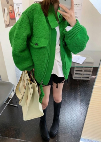 Manteau De Pulls En Tricot D'automne En Patchwork Avec Poches À Boutons Et Fermeture Éclair Vert Naturel