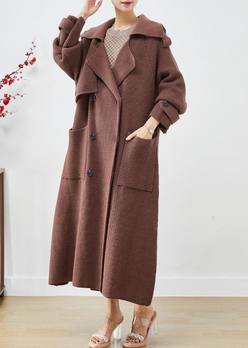 Manteau En Tricot Ample Chocolat Vêtements D'extérieur Poches Doubles Poitrine Automne - Cardigans femmes