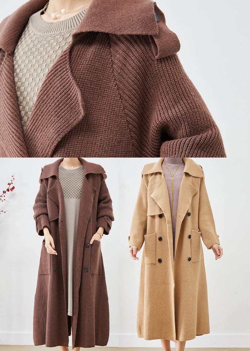 Manteau En Tricot Ample Chocolat Vêtements D'extérieur Poches Doubles Poitrine Automne - Cardigans femmes