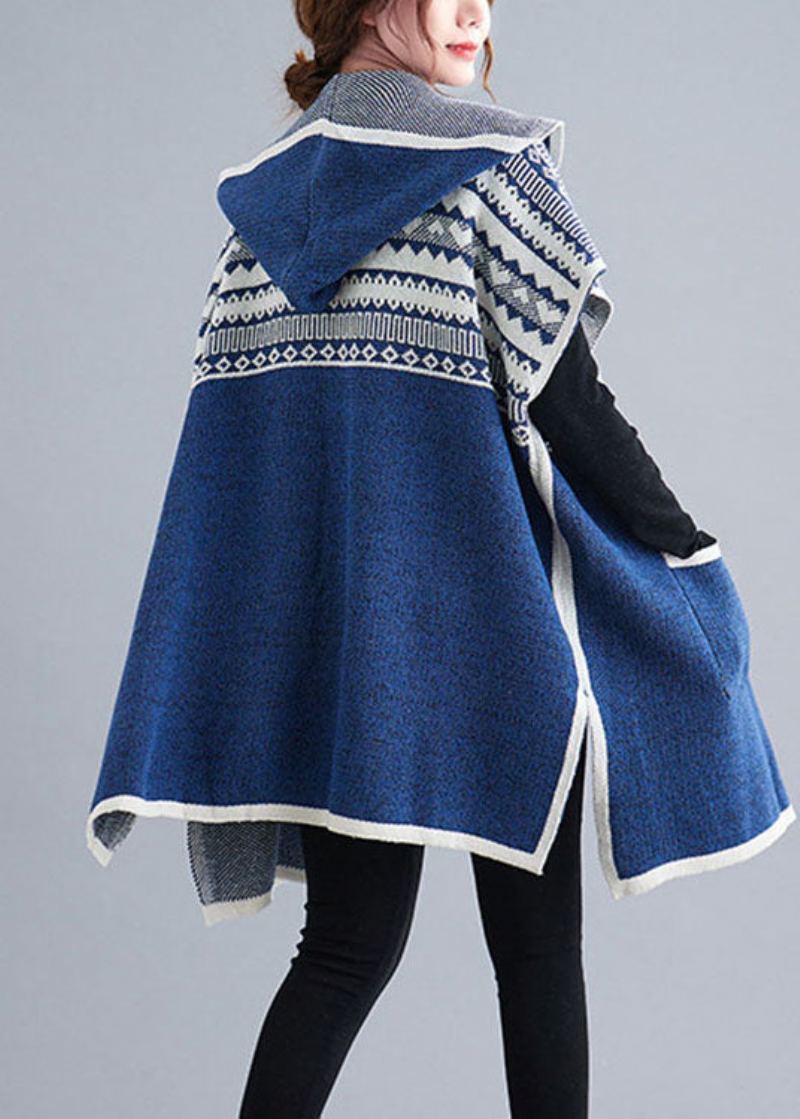 Manteau En Tricot D'automne À Manches Courtes Bleu Français À Capuche Décontracté Ouvert Sur Le Côté - Bleu