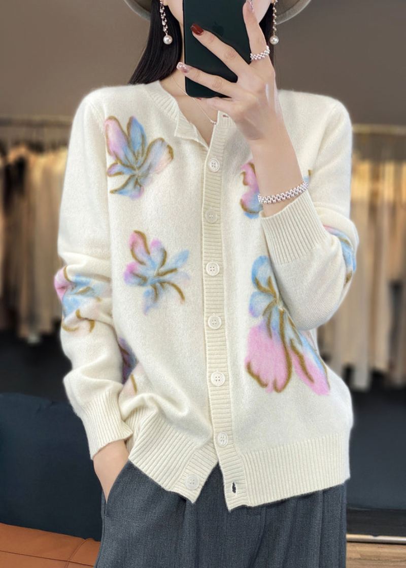 Manteau En Tricot De Coton Boutonné À Col Rond Blanc Fleuri Printemps