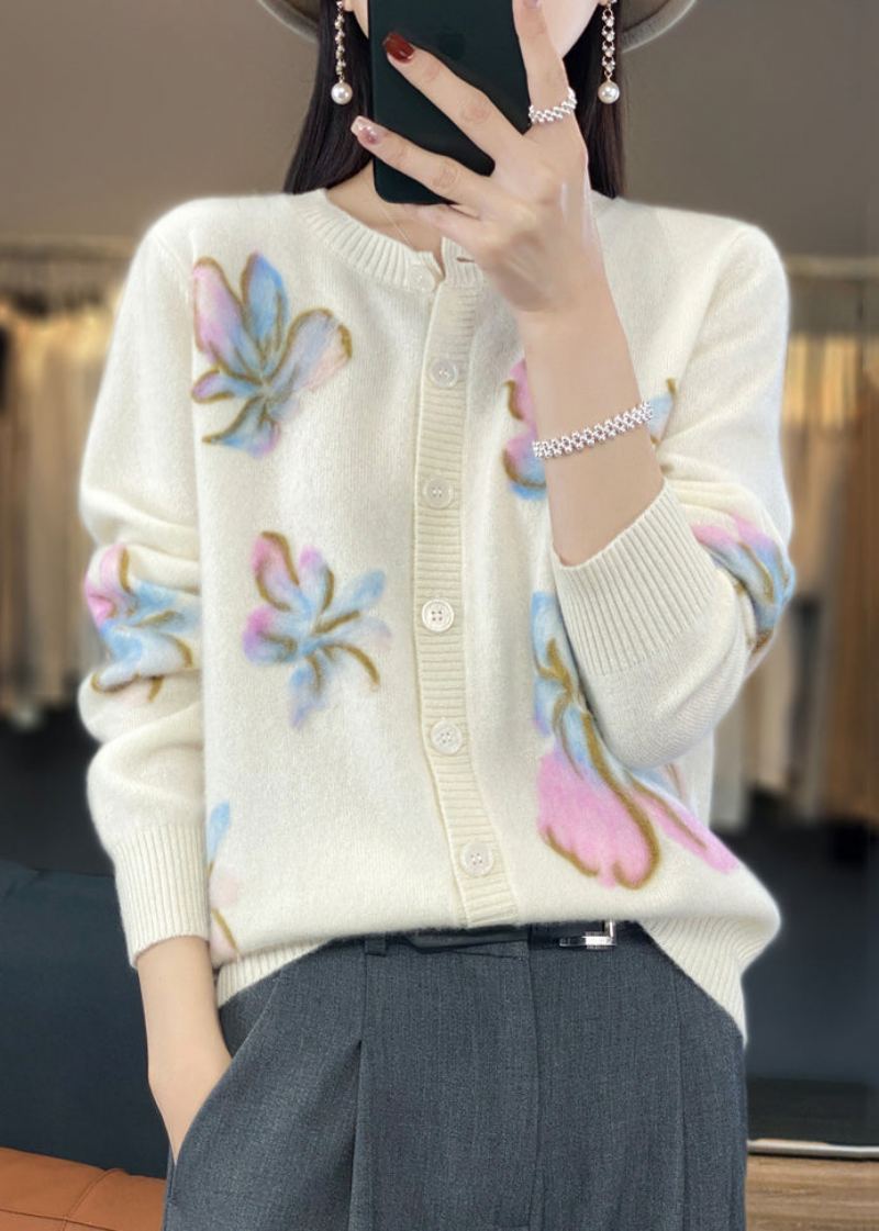 Manteau En Tricot De Coton Boutonné À Col Rond Blanc Fleuri Printemps - Cardigans femmes