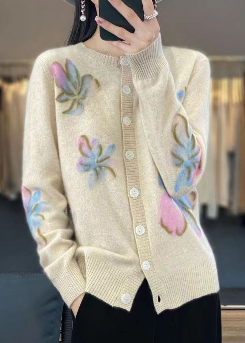 Manteau En Tricot De Coton Boutonné À Col Rond Blanc Fleuri Printemps - Cardigans femmes