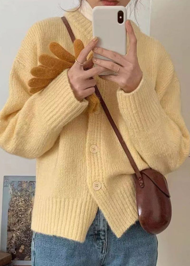 Manteau En Tricot De Coton Boutonné Jaune Italien À Col Rond Automne - Cardigans femmes