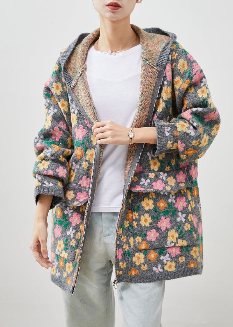 Manteau En Tricot Gris Élégant À Imprimé Floral Et Fermeture Éclair Pour Le Printemps - Cardigans femmes