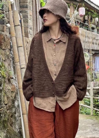 Manteau En Tricot De Laine D'automne Pour Femmes Rétro Col En V Boutons Chocolat