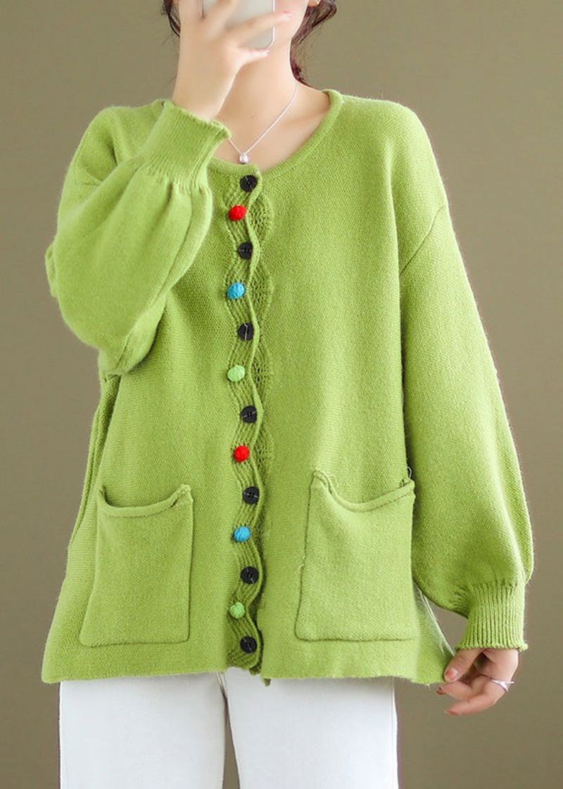 Manteau En Tricot Vert Avec Poches Boutonnées Et Manches Longues De Grande Taille