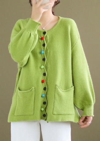 Manteau En Tricot Vert Avec Poches Boutonnées Et Manches Longues De Grande Taille