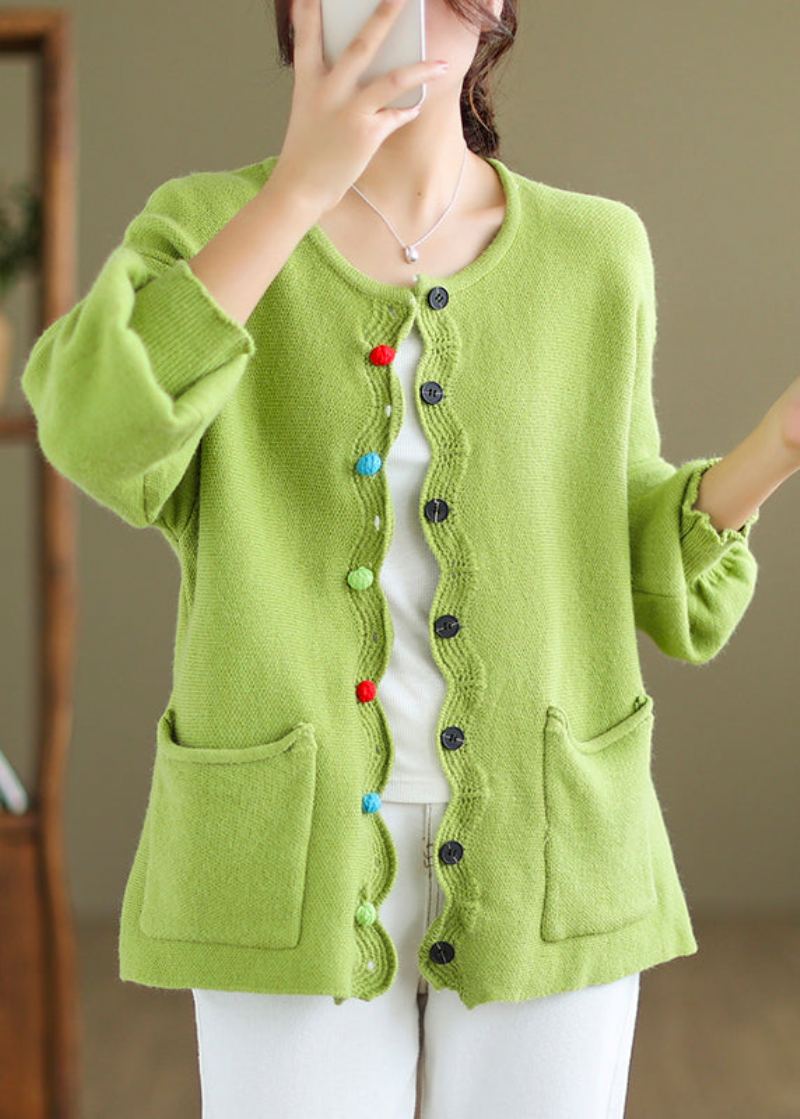 Manteau En Tricot Vert Avec Poches Boutonnées Et Manches Longues De Grande Taille - Cardigans femmes