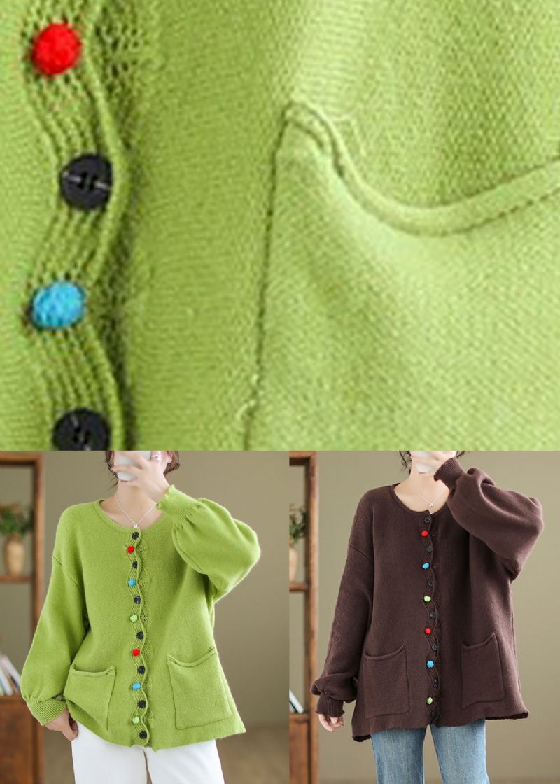 Manteau En Tricot Vert Avec Poches Boutonnées Et Manches Longues De Grande Taille - Cardigans femmes