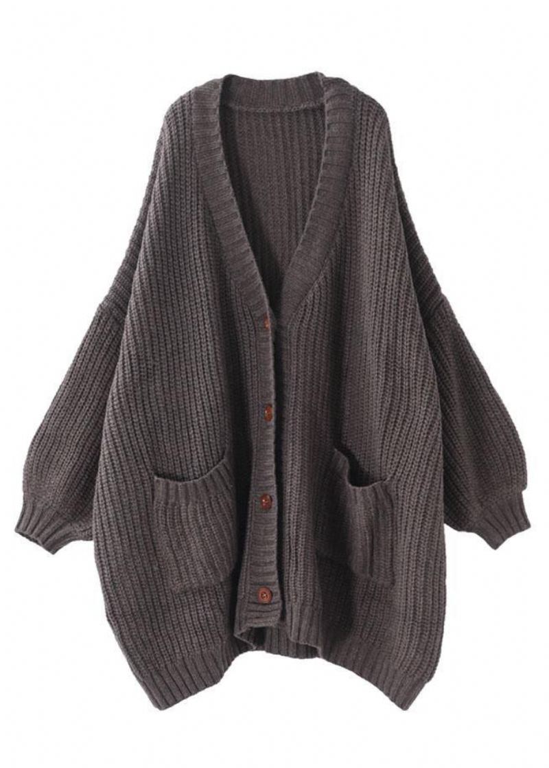 Manteau Tricoté D'automne Ample Avec Poches Chocolat Élégantes - Cardigans femmes