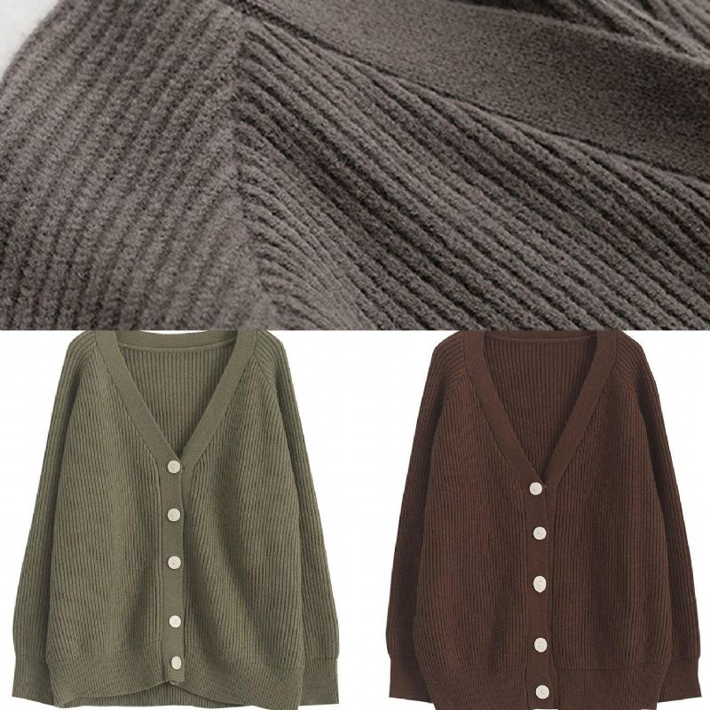 Manteau Tricoté Épais Mignon Vêtements Grande Taille Vestes Tricotées À Col Vert Armée - Chocolat