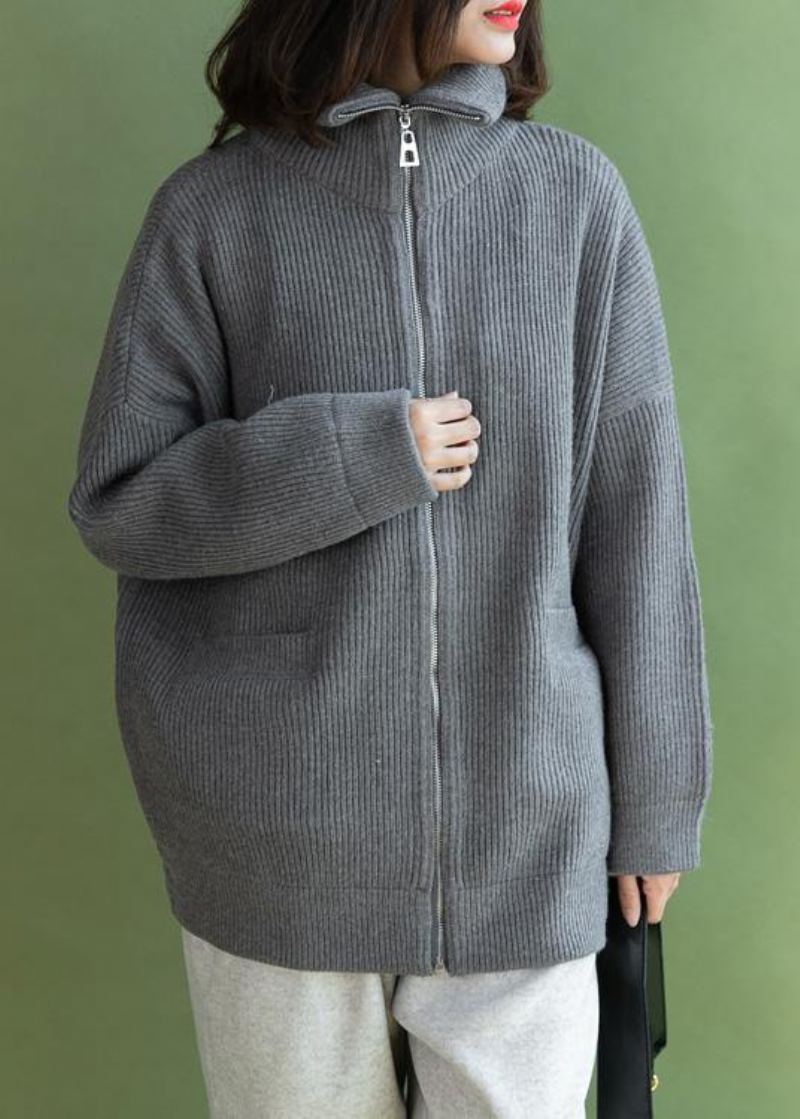 Manteau Tricoté D'hiver Esthétique Décontracté Gris Zippé