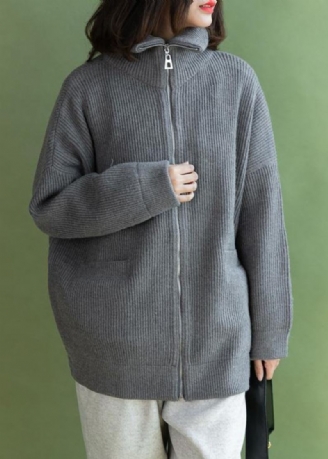 Manteau Tricoté D'hiver Esthétique Décontracté Gris Zippé