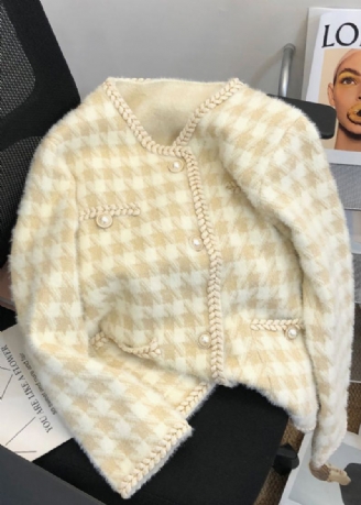 Manteau Tricoté En Poils De Vison Avec Poches À Boutons Et Carreaux Beige Français Automne