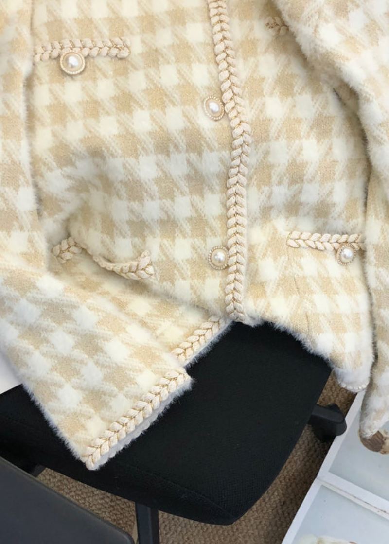 Manteau Tricoté En Poils De Vison Avec Poches À Boutons Et Carreaux Beige Français Automne - Cardigans femmes