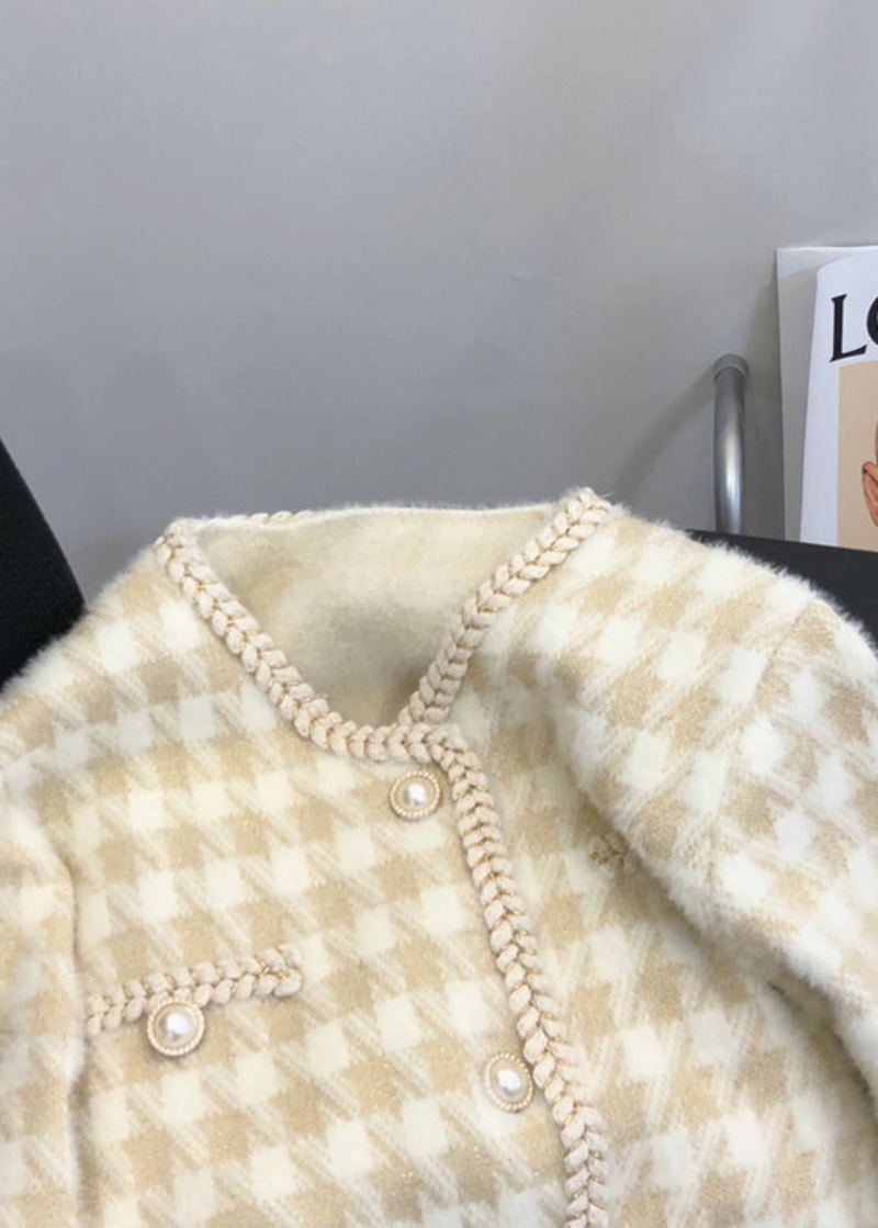 Manteau Tricoté En Poils De Vison Avec Poches À Boutons Et Carreaux Beige Français Automne - Cardigans femmes