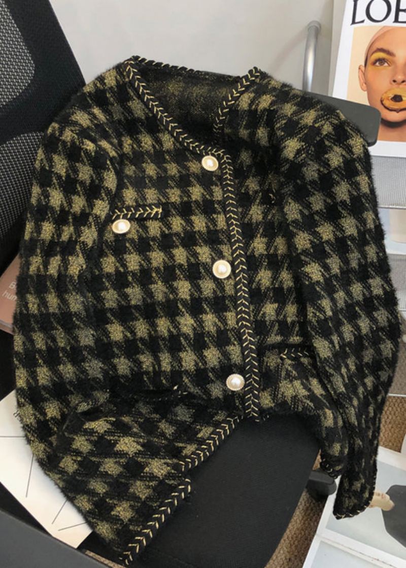 Manteau Tricoté En Poils De Vison Avec Poches À Carreaux Noirs Patchwork Automne