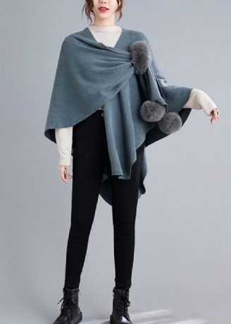 Manteaux Cape Tricotés Patchwork Bleu Gris Boule Floue Asymétrique Automne