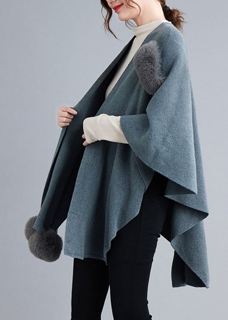 Manteaux Cape Tricotés Patchwork Bleu Gris Boule Floue Asymétrique Automne - Cardigans femmes