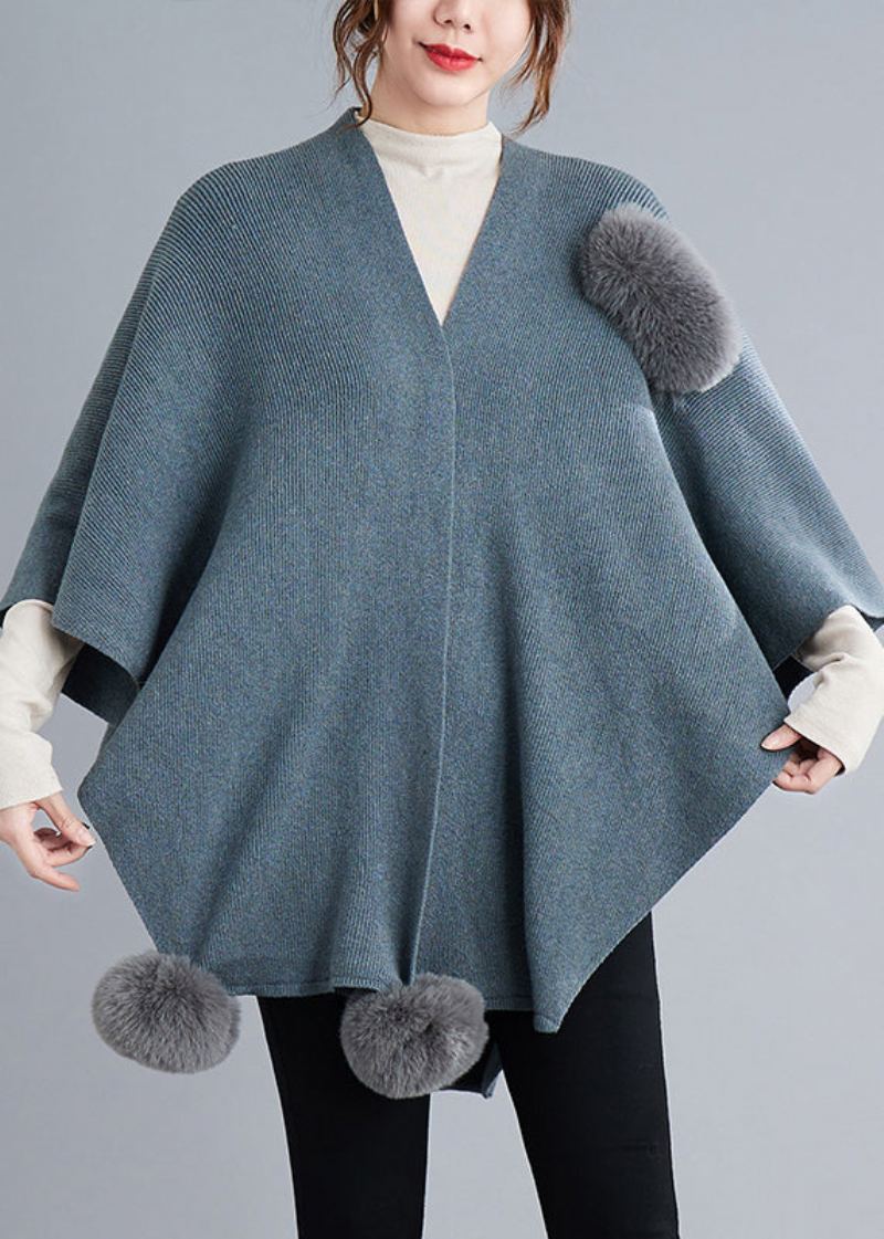 Manteaux Cape Tricotés Patchwork Bleu Gris Boule Floue Asymétrique Automne - Cardigans femmes