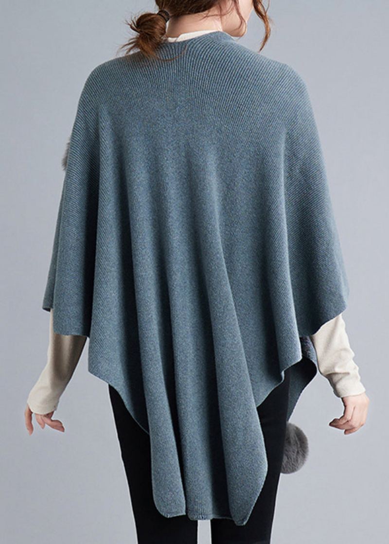 Manteaux Cape Tricotés Patchwork Bleu Gris Boule Floue Asymétrique Automne - Cardigans femmes