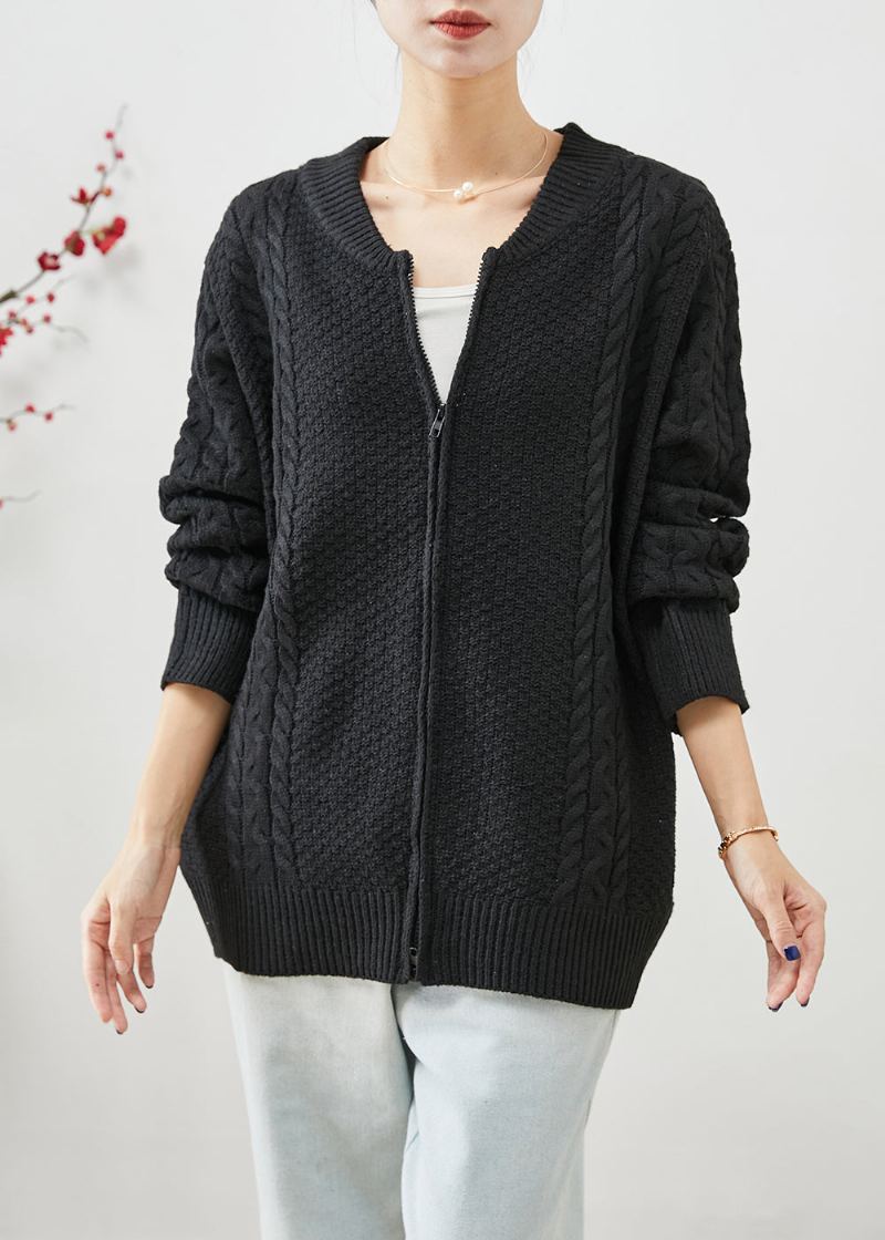 Manteaux Chauds Surdimensionnés Noirs En Tricot Torsadé Avec Fermeture Éclair Pour L'automne - Cardigans femmes