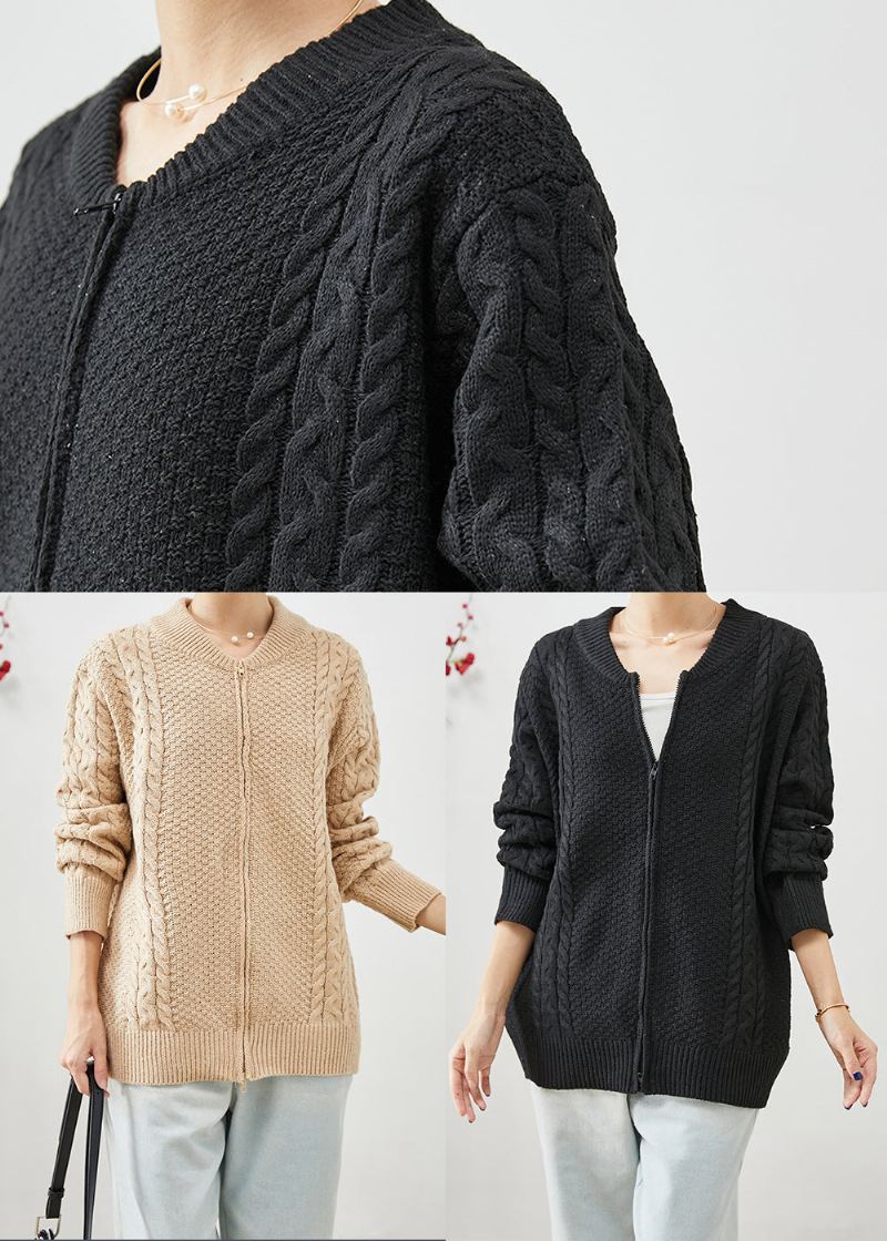 Manteaux Chauds Surdimensionnés Noirs En Tricot Torsadé Avec Fermeture Éclair Pour L'automne - Cardigans femmes