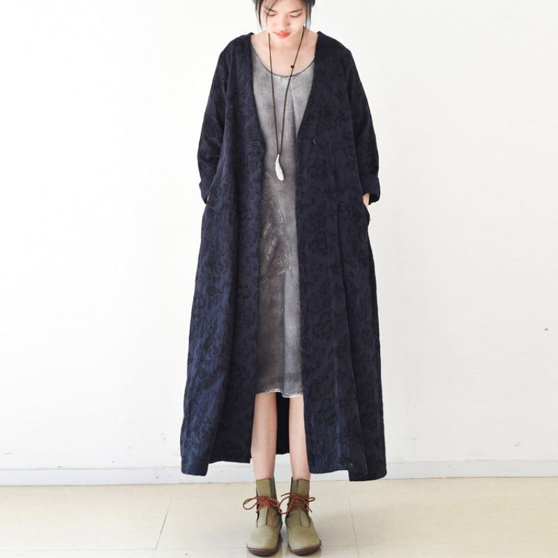 Manteaux En Lin Jacquard Bleu Marine Long Manteau Maxi Col En V Cardigan Décontracté Tendance Automne 2024