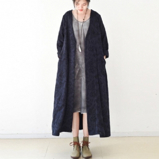 Manteaux En Lin Jacquard Bleu Marine Long Manteau Maxi Col En V Cardigan Décontracté Tendance Automne 2024