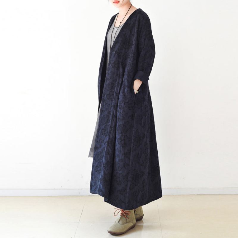 Manteaux En Lin Jacquard Bleu Marine Long Manteau Maxi Col En V Cardigan Décontracté Tendance Automne 2024 - Cardigans femmes