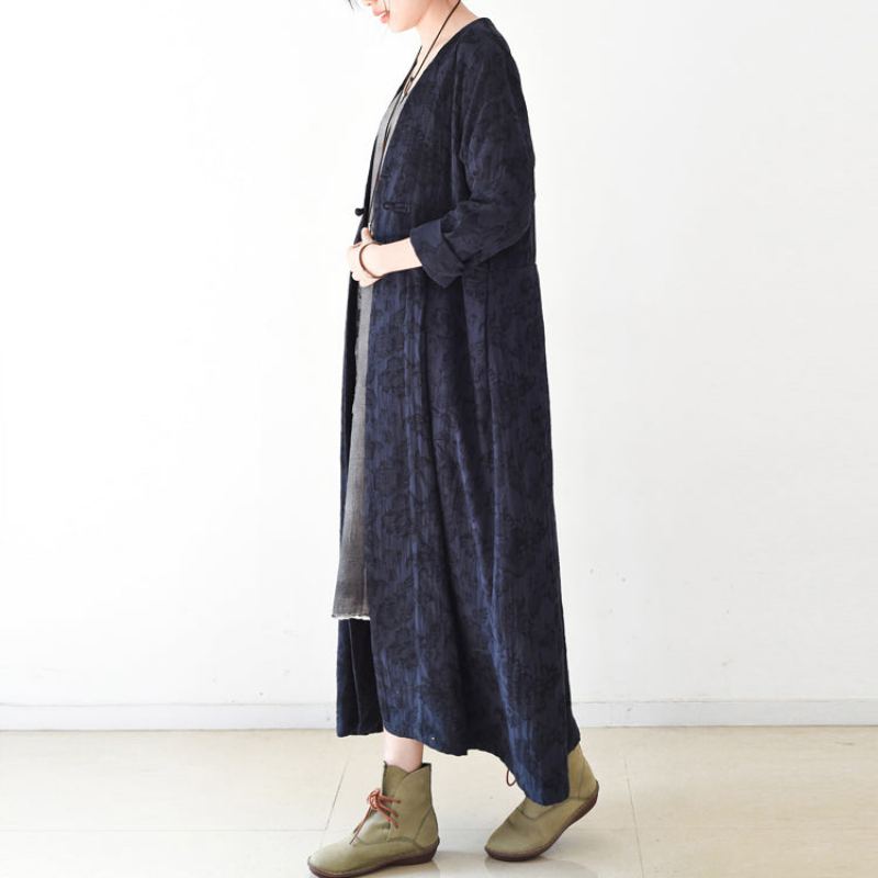 Manteaux En Lin Jacquard Bleu Marine Long Manteau Maxi Col En V Cardigan Décontracté Tendance Automne 2024 - Cardigans femmes