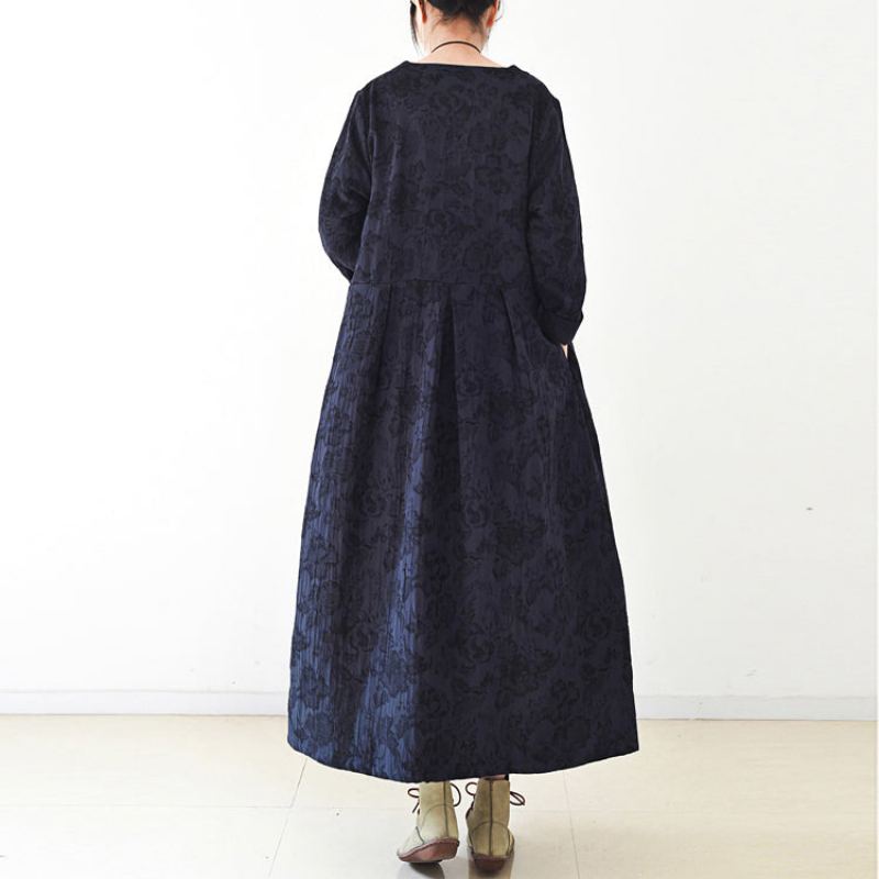 Manteaux En Lin Jacquard Bleu Marine Long Manteau Maxi Col En V Cardigan Décontracté Tendance Automne 2024 - Cardigans femmes