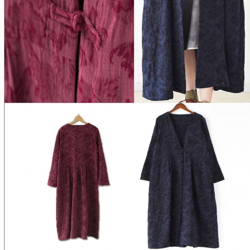 Manteaux En Lin Jacquard Bleu Marine Long Manteau Maxi Col En V Cardigan Décontracté Tendance Automne 2024 - Cardigans femmes