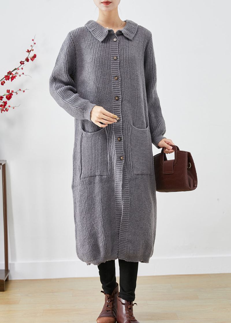 Manteaux Longs En Tricot Gris Avec Poches Boutonnées De Grande Taille Automne